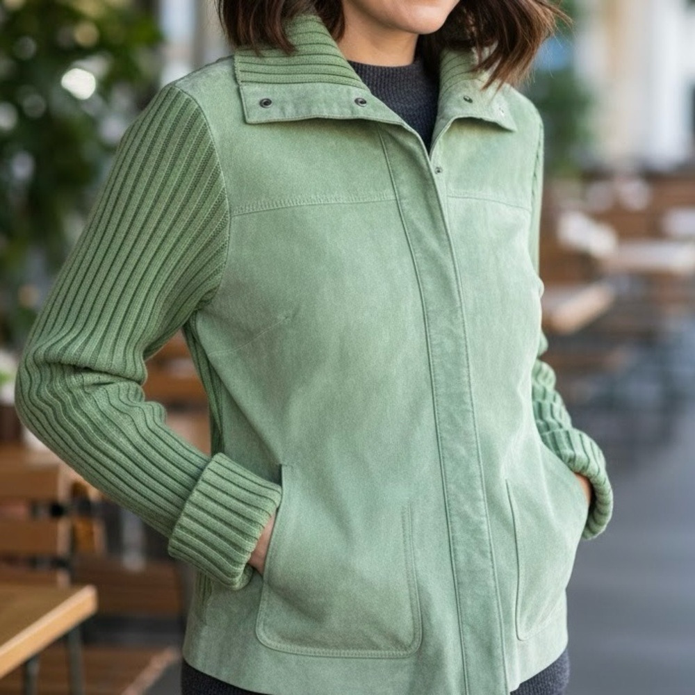 Lady Hathaway Sage Green Suede Knit Jacket Gorpcore Cottagecore Earthy Cabincore